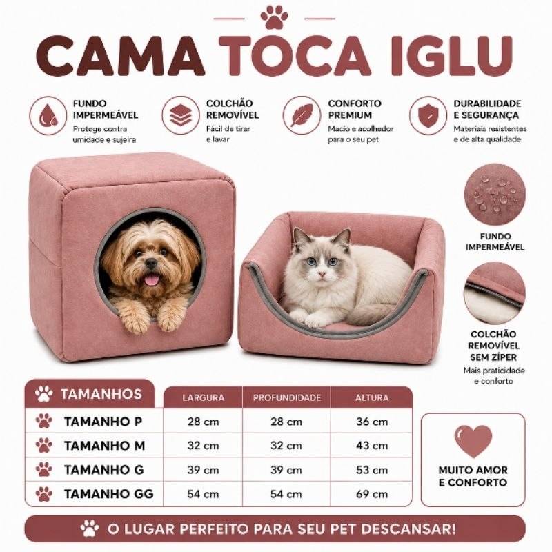 Casinha cama toca lglu 3 em 1 para cães e gato tamanhos P,M,G, fundo impermeável almofada removível Premium