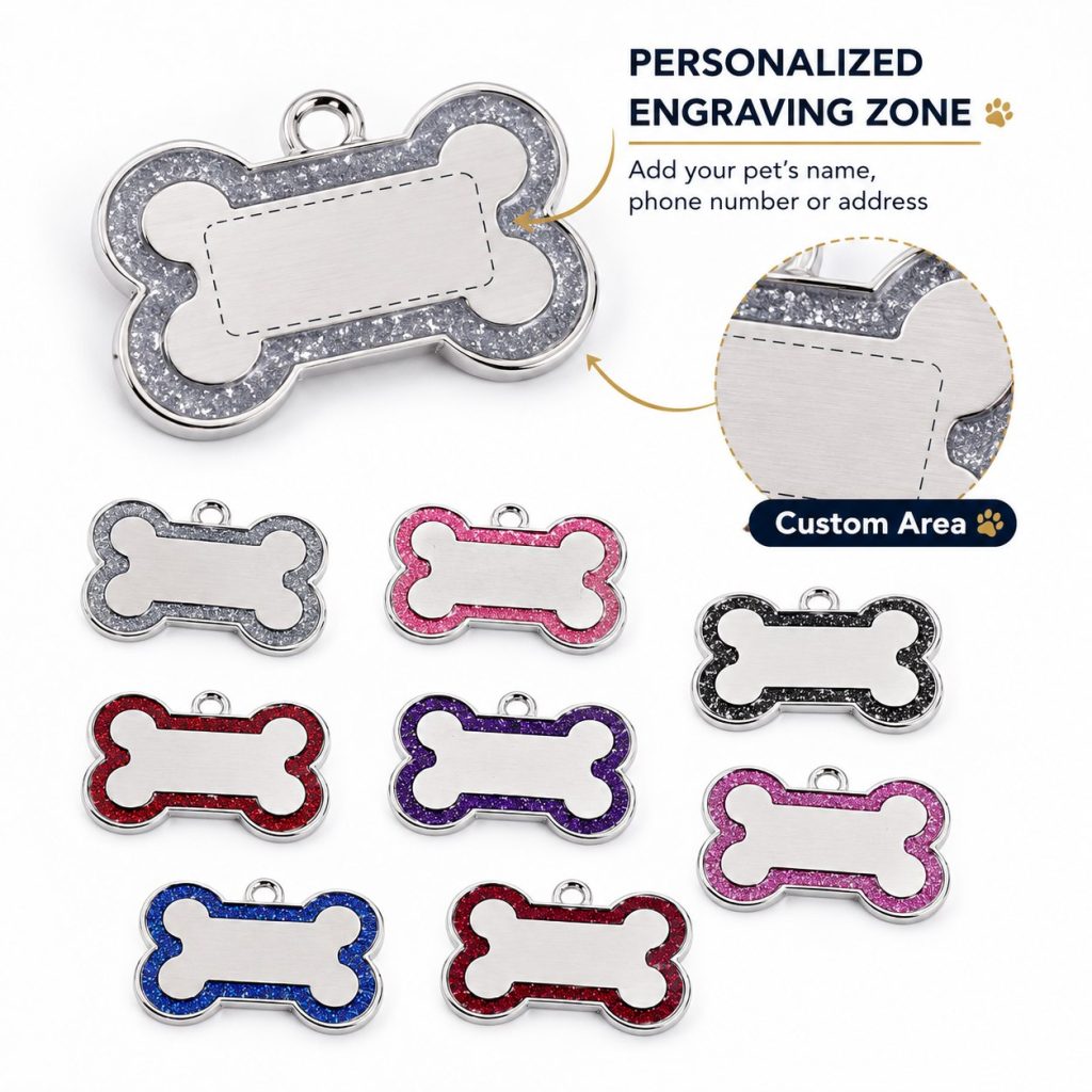 Etiqueta de Identificação Personalizada para Pets com Glitter, Placa de Nome Gravada para Cães e Gatos, Pingente de Coleira para Segurança, Crachá de Identificação Personalizado para Cães