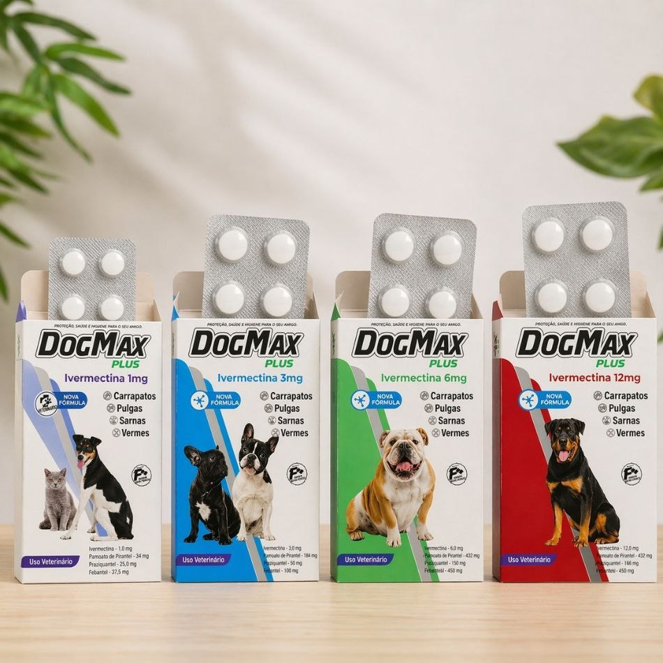 Dogmax Plus Contra Pulga, Vermes, Sarna e Carrapatos Cães e Gatos - 4 comprimidos 1 a 60kg Escolha