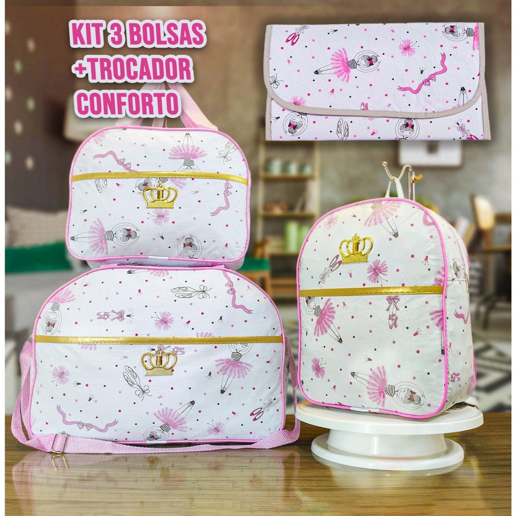 Kit Mala Bolsa Maternidade Estampa Bailarina Completo: Mala Grande, Mala Média, Mochila e Trocador