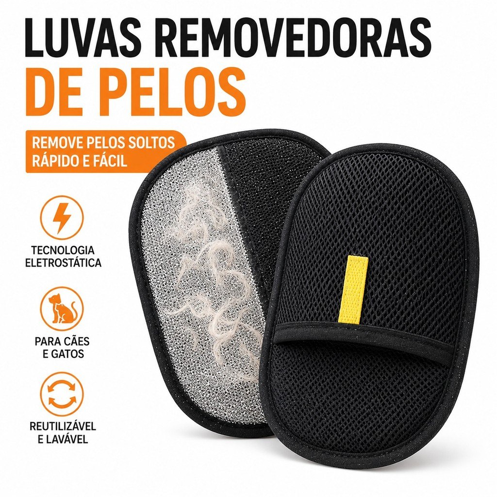 Luvas Removedoras de Pelos Eletrostática para Pets Cães e Gatos Alta Eficiência Reutilizável