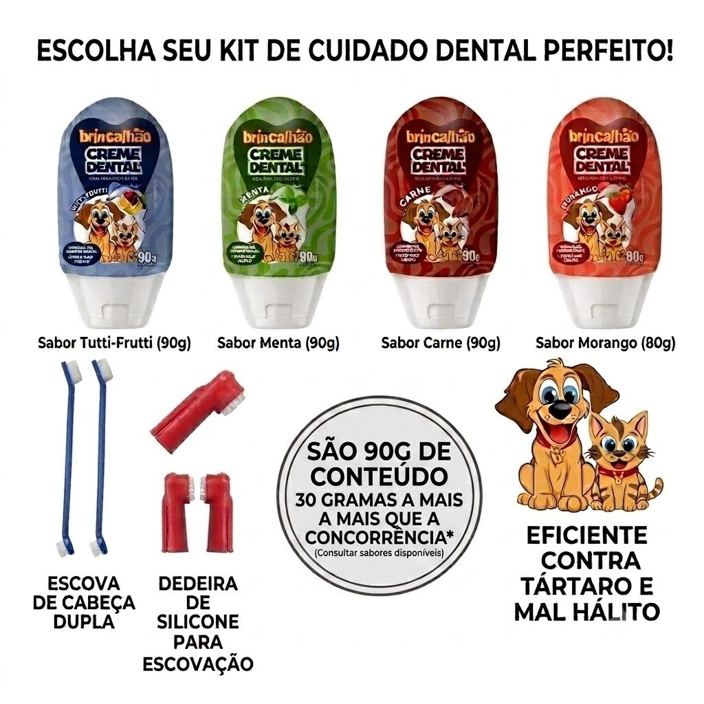 1 Creme Dental 90g 2 Escovas de Dente Para Cães e Gatos Elimina Mal Hálito Tártaro Brincalhão