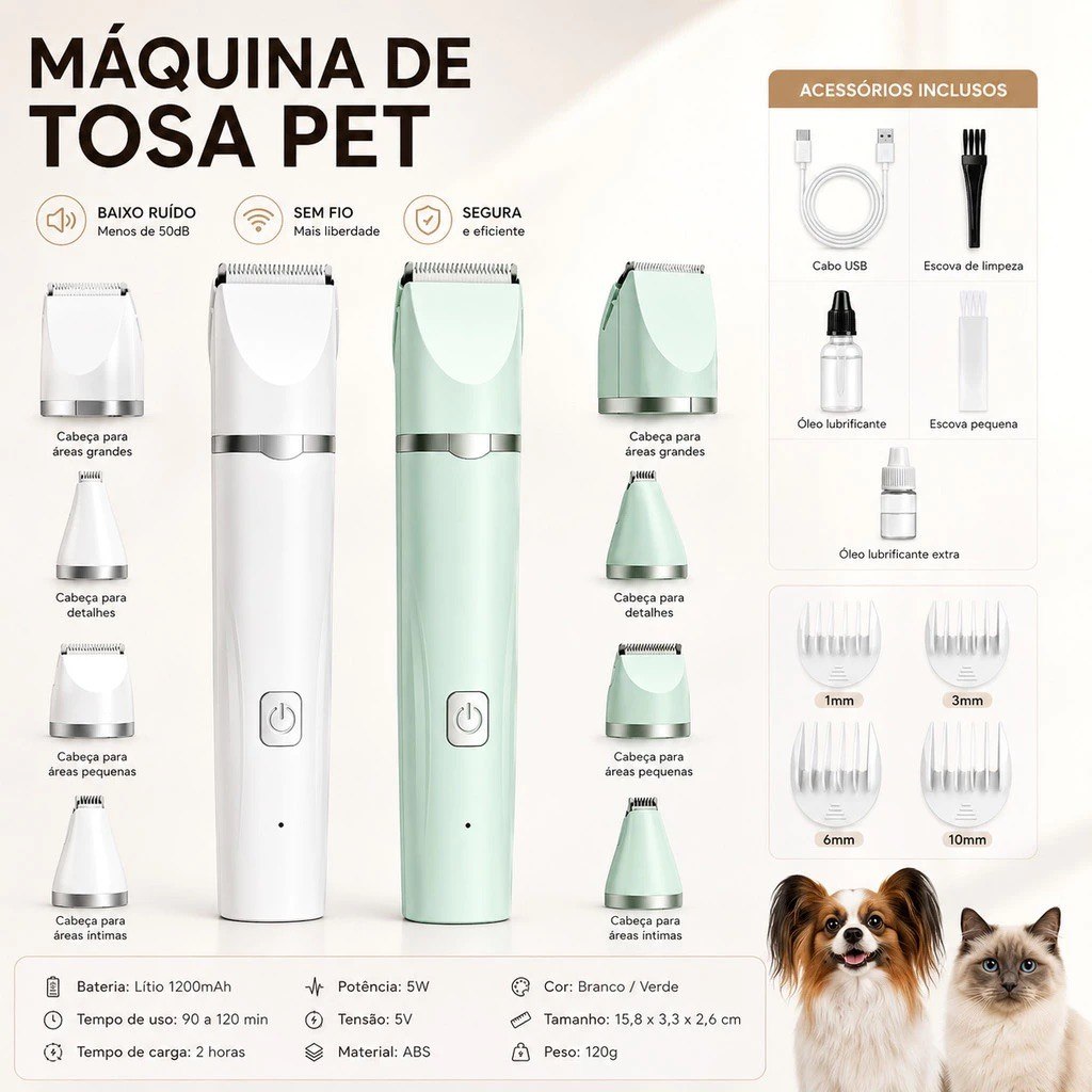 Máquina de Tosa 4 EM 1 para Pets USB Recarregável | Cortador de Cabelo Silencioso para Cães e Gatos | Uso Profissional
