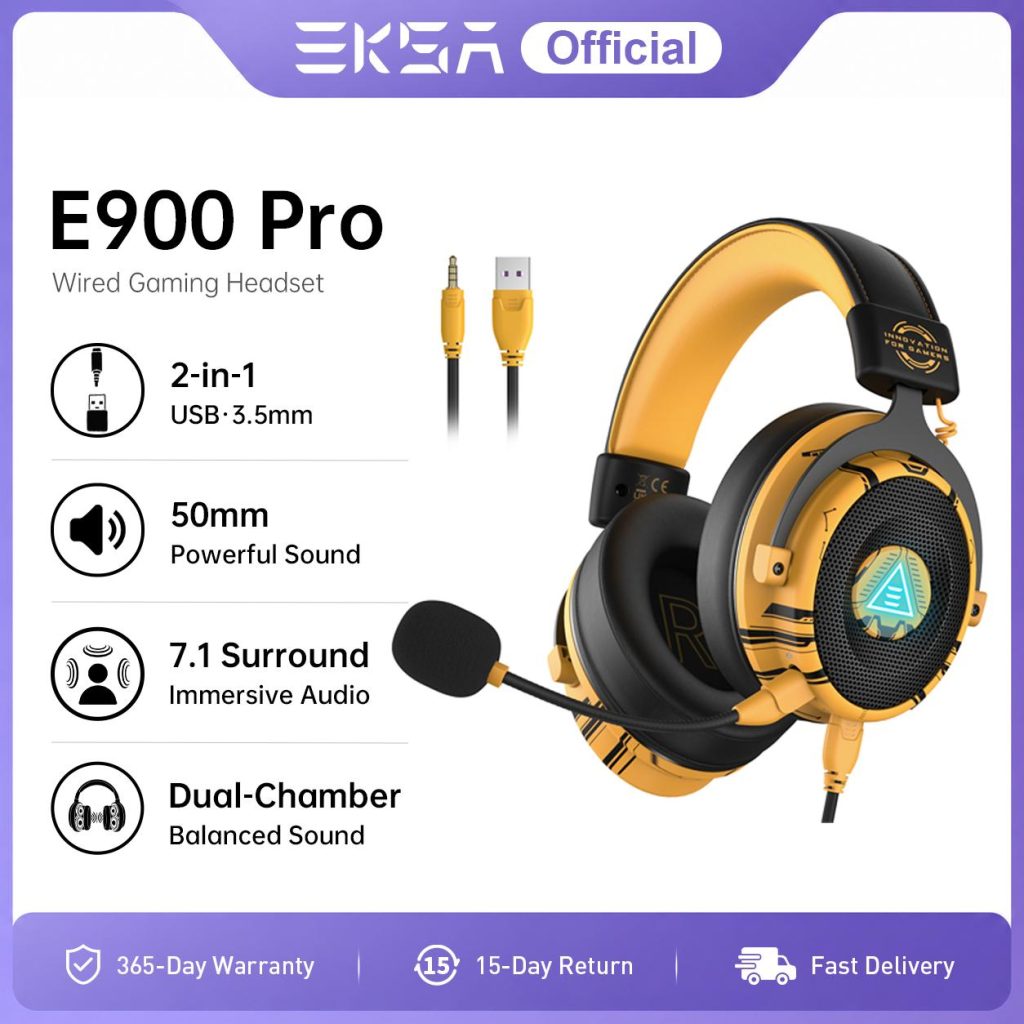 Fones de Ouvido para Jogos EKSA E900 Pro com Som Surround 7.1, Headset com Fio, Drivers de 50mm, Microfone Destacável, USB, Conexão de 3.5mm, Iluminação LED para PC, PS4, PS5, Xbox