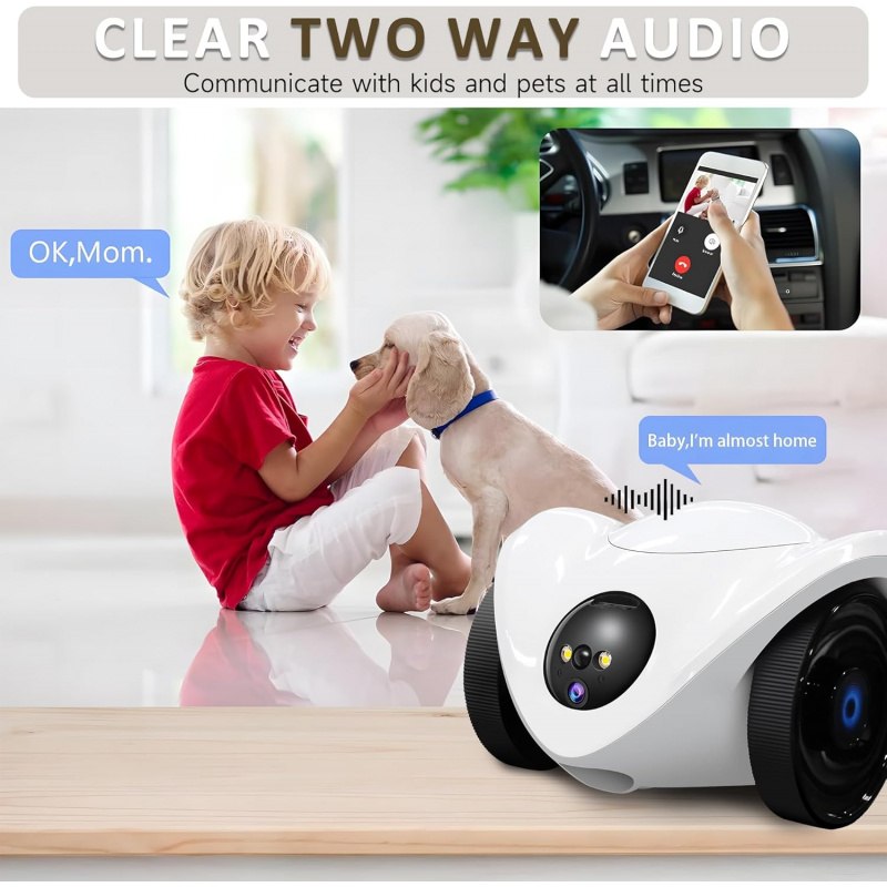 Câmera para Animais de Estimação com Dispensador de Petiscos, Câmera Robô Móvel para Cães e Gatos, Segurança Interna 1080P, Comunicação Bidirecional, Apenas WiFi 2.4GHz