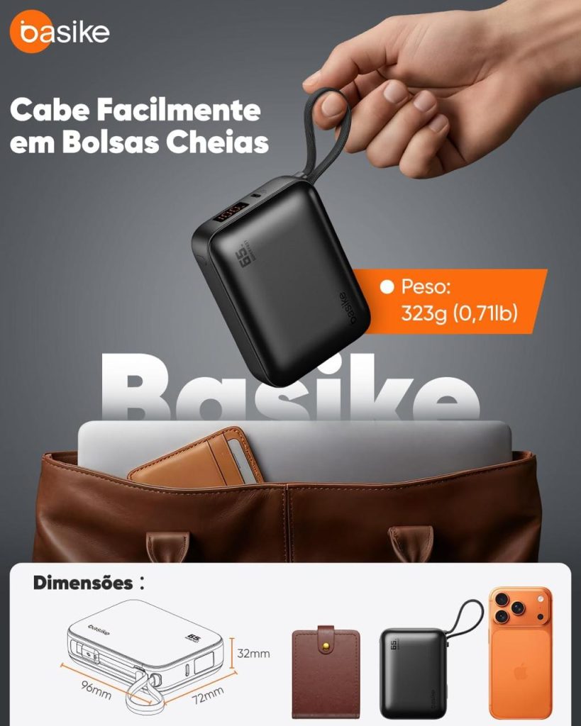 Basike Power Bank 65W, Carregador Portátil Universal 20000mAh (Cinza)
