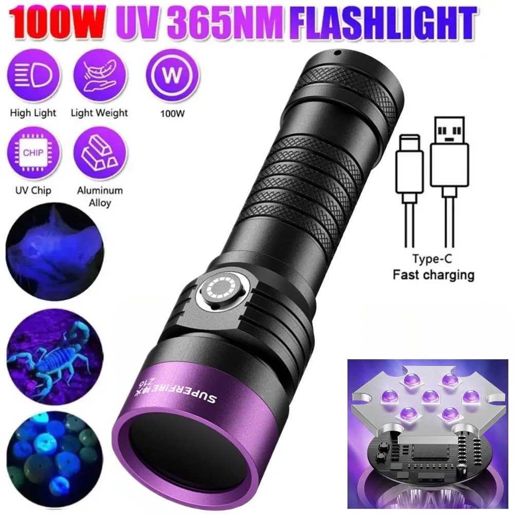 Lanterna UV Recarregável Tipo-C 365nm: Lâmpada Ultravioleta para Detecção de Vazamentos, Dinheiro, Urina de Cães e Gatos, e Tinea