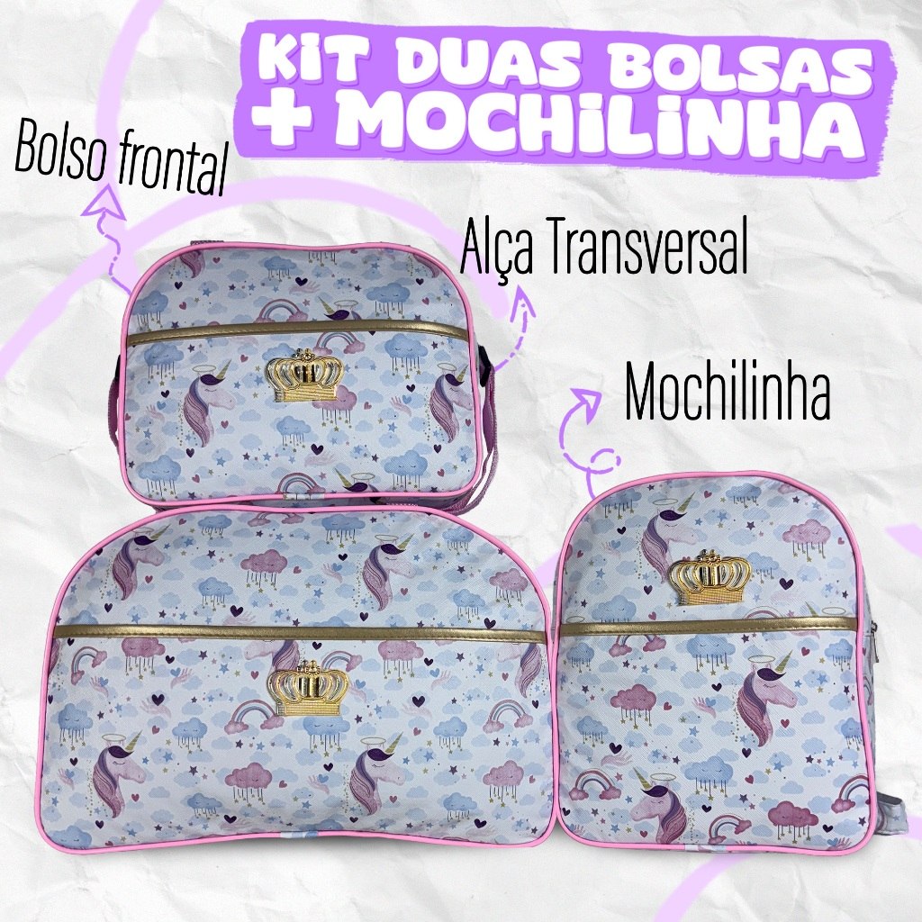 Kit Bolsa Maternidade 3 Peças Impermeavél Unicornio : Mala Grande, Mala Média e Mochila
