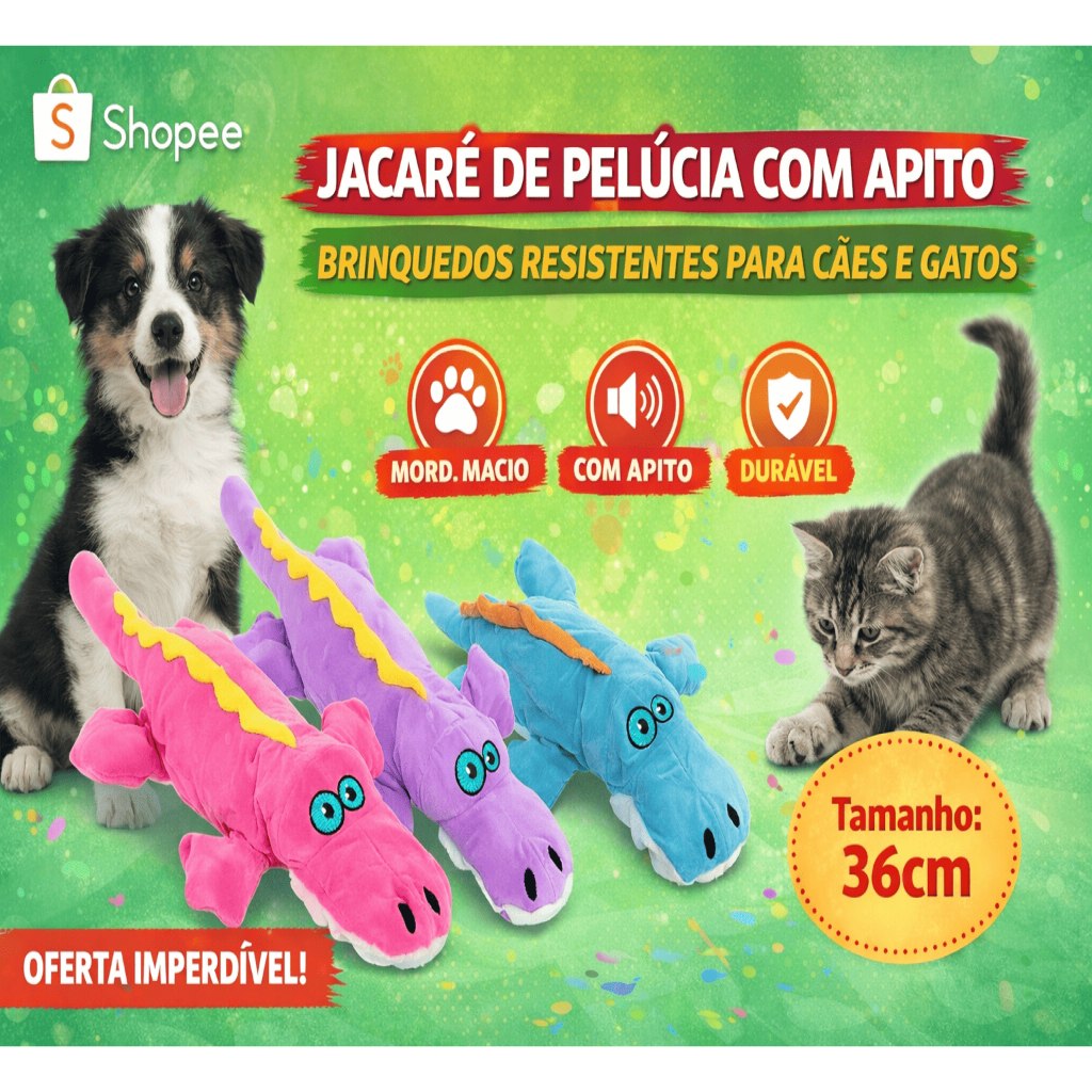 Brinquedo Pelúcia Jacaré para Cães e Gatos com Apito Resistente Pets Pequeno e Médio Porte Oferta
