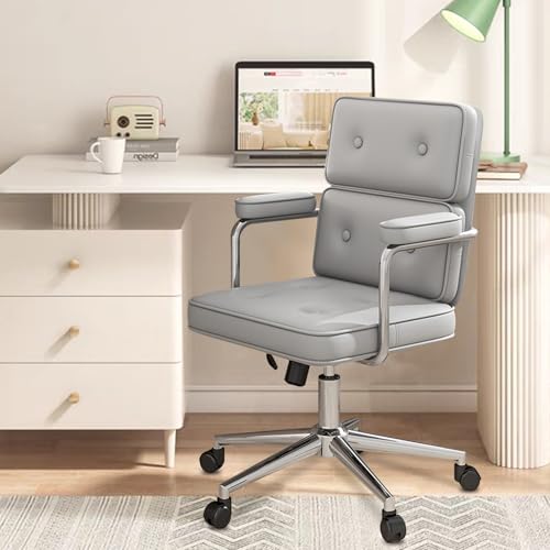 Cadeira de Escritório Compacta Python Fly – Couro Sintético Premium & Base Metálica, Design Moderno NR-17 Testado (Cinza)