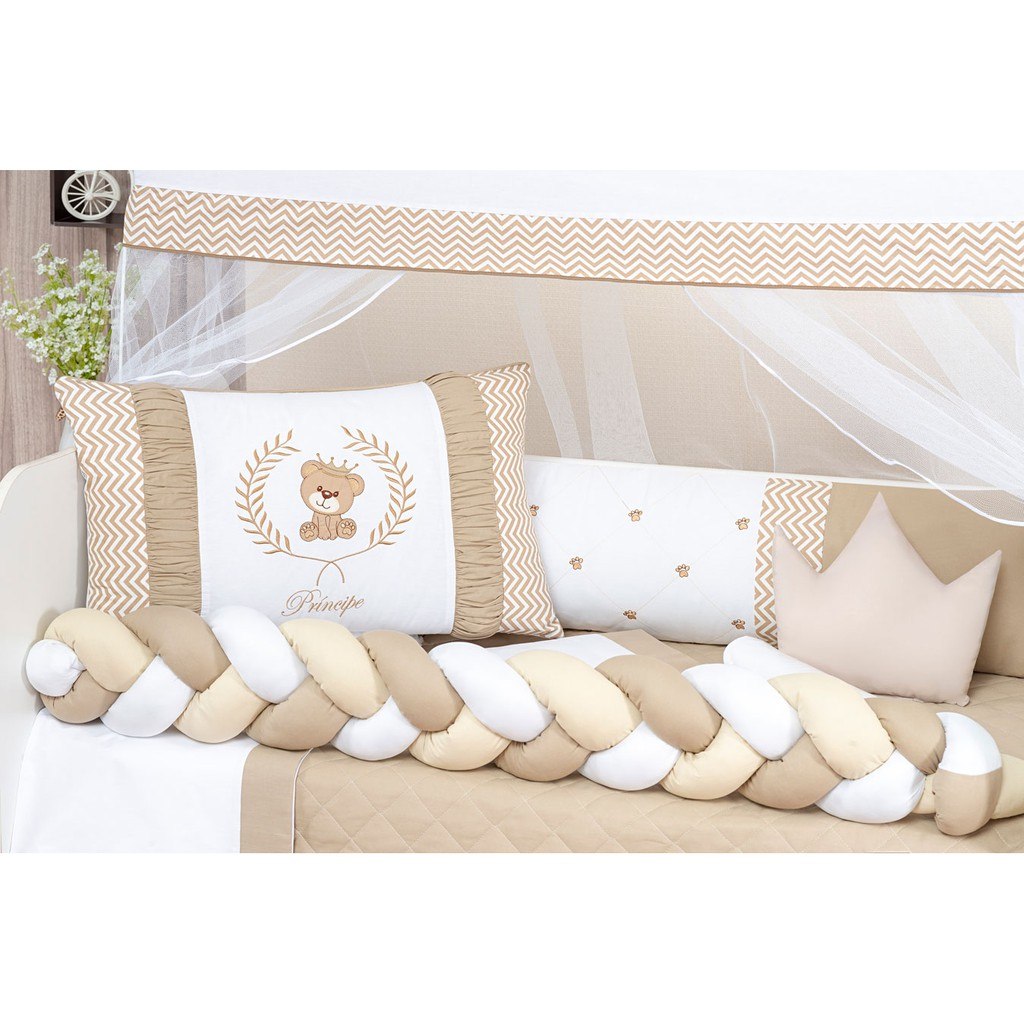 Kit Berço Trança Urso Teddy Bege Caqui Completo Com Lençol e Saia Box 11 Peças Baby REI DO KIT BERÇO