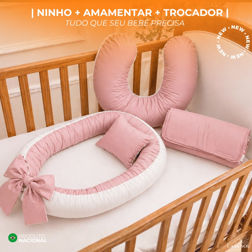 KIT BEBÊ NINHO REDUTOR + ALMOFADA AMAMENTAÇÃO + TROCADOR PORTÁTIL DE BEBE CORES LISAS