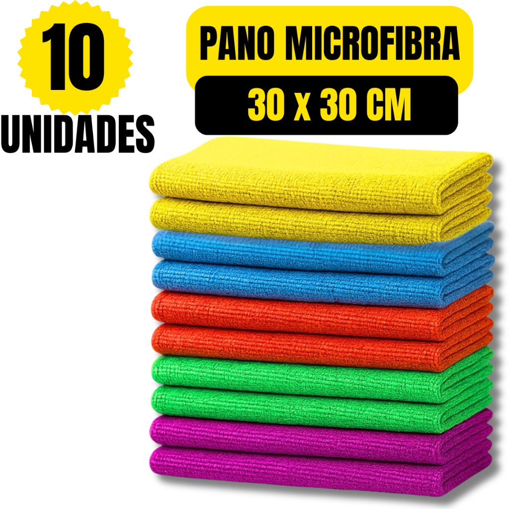 Kit 10 Panos de Limpeza Microfibra Alta Absorção Flanela Automotivo Carro Pia 30x30cm Vidro Multiuso Pano De Limpeza