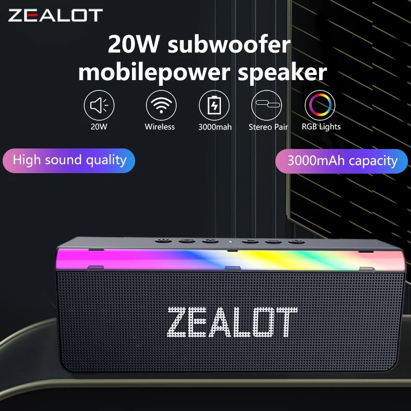 Caixa de Som Bluetooth ZEALOT S72 20W com Graves Potentes, Iluminação RGB, Pareamento Duplo e Bateria de 3000mAh