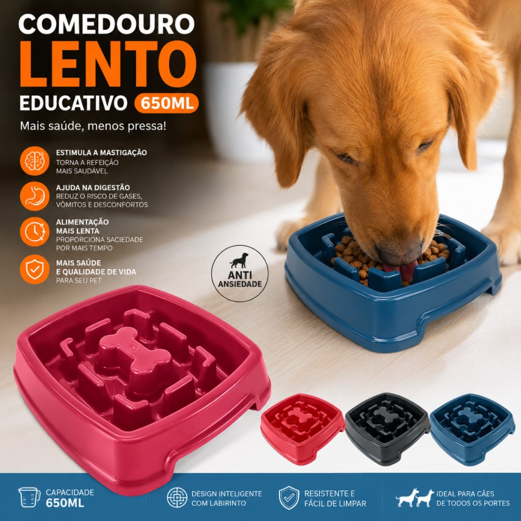 Comedouro Lento 650ml Educativo Cães e Gatos Ração Pet Comedouro Cães Ou Gatos Lento Interativo Inteligente