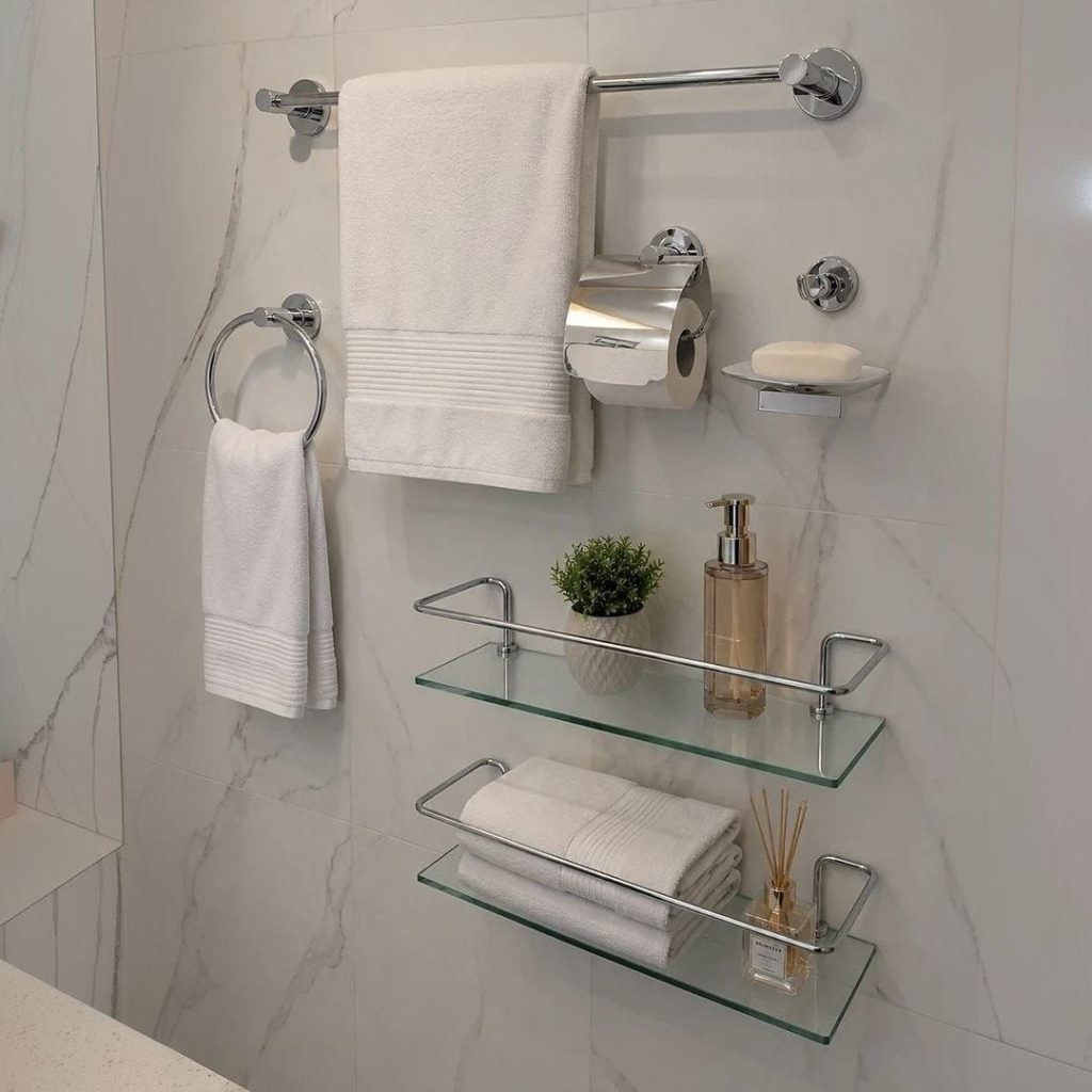 Kit Acessórios Banheiro Inox 5peças + 1 Porta Shampoo Reto Cor Prateado