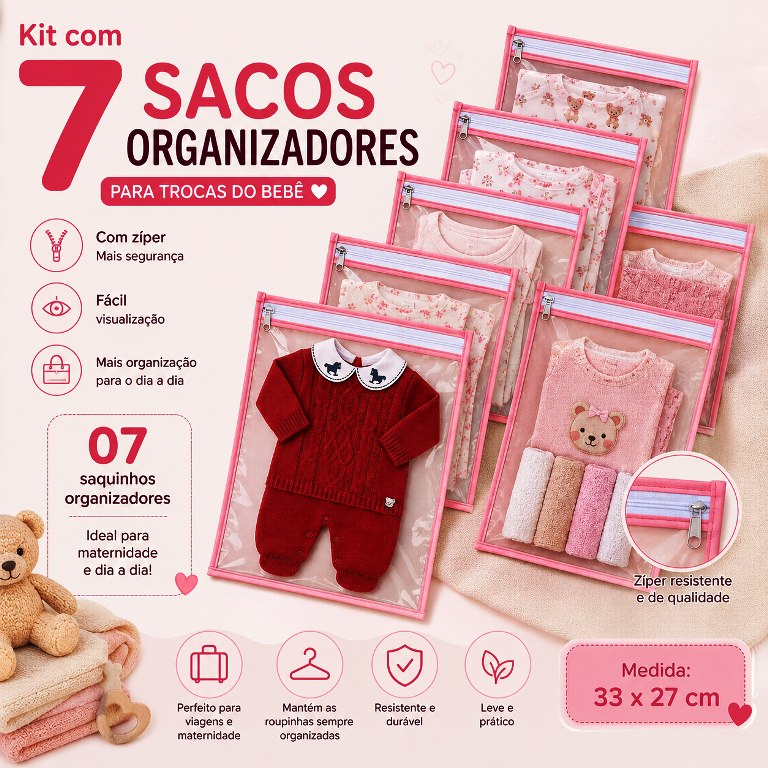 Kit 7 Saquinhos Maternidade Organizador Mala Bebê 27 x 33 MALA/VIAGEM/ROUPA  MOLHADA e SECA