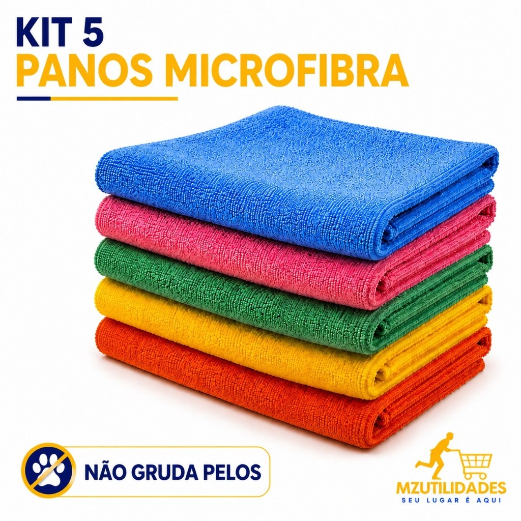 Kit 5 Panos Microfibra 25x25 Limpeza Multiuso Não Gruda Pelos Cozinha Automotivo Coloridos