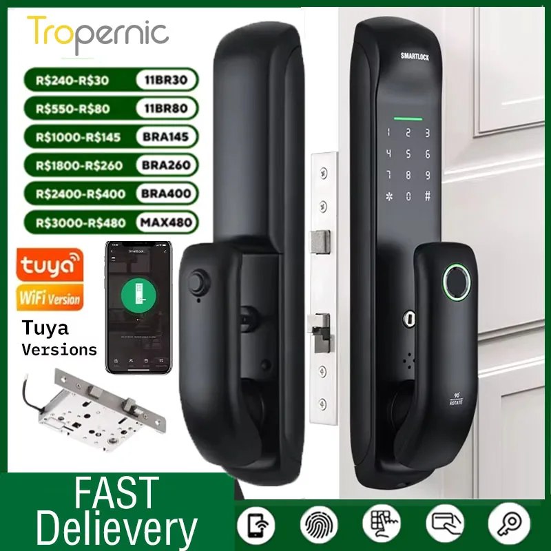 Fechadura Eletrônica Inteligente Tuya Wi-Fi com Biometria, Senha, Cartão, Chave e Controle pelo App