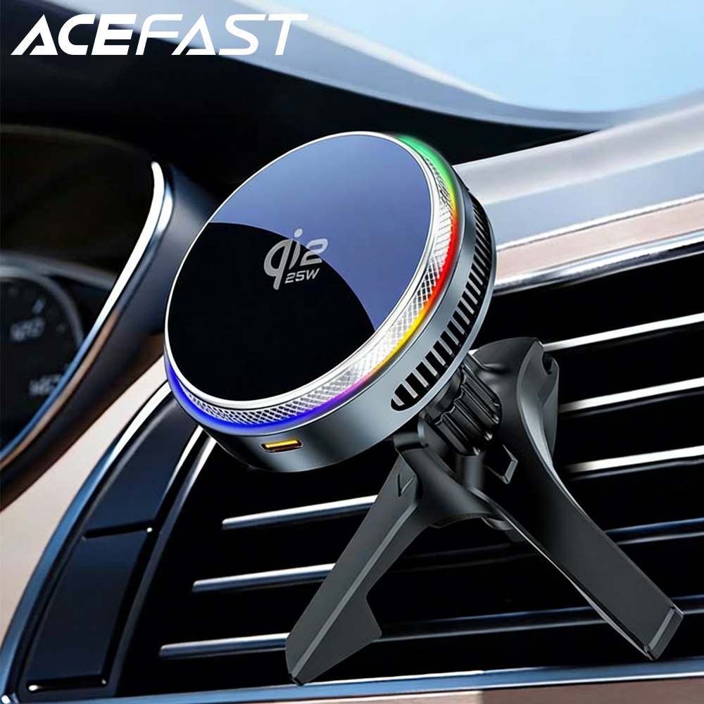 Carregador Magnético Sem Fio ACEFAST Qi2 25W com Resfriamento a Ar, Luz RGB e Suporte para Celular com Carregador Veicular para iPhone 17