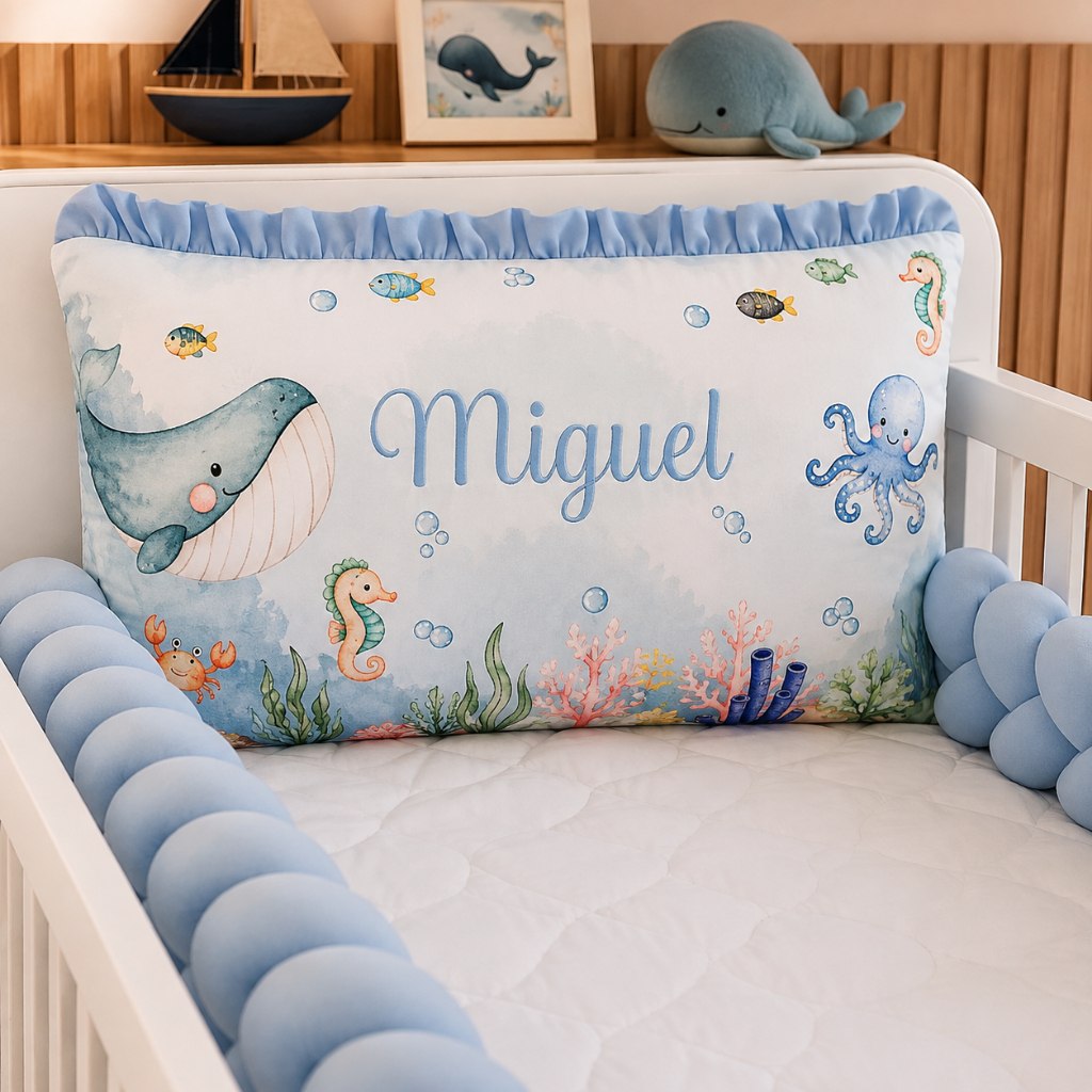 Kit Berço Personalizado Completo Protetor 3 Peças Berço Americano Mini Berço Menino Fundo do Mar Azul