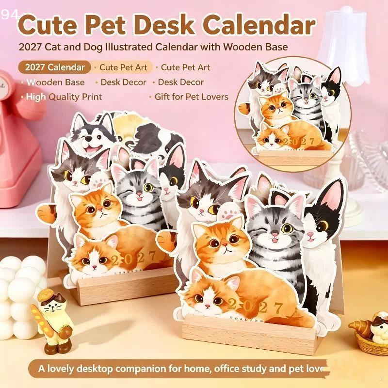 Calendário de mesa com tema de gatos e cães, 2027, organizador de agenda anual, notas de memorando para casa, escritório, escola, horário diário
