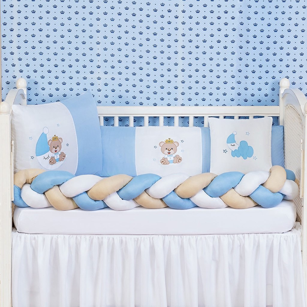 Kit Berço Urso Lua Azul Claro Menino Americano Com Lençol 6 Peças LINHA BABY REI DO KIT BERÇO