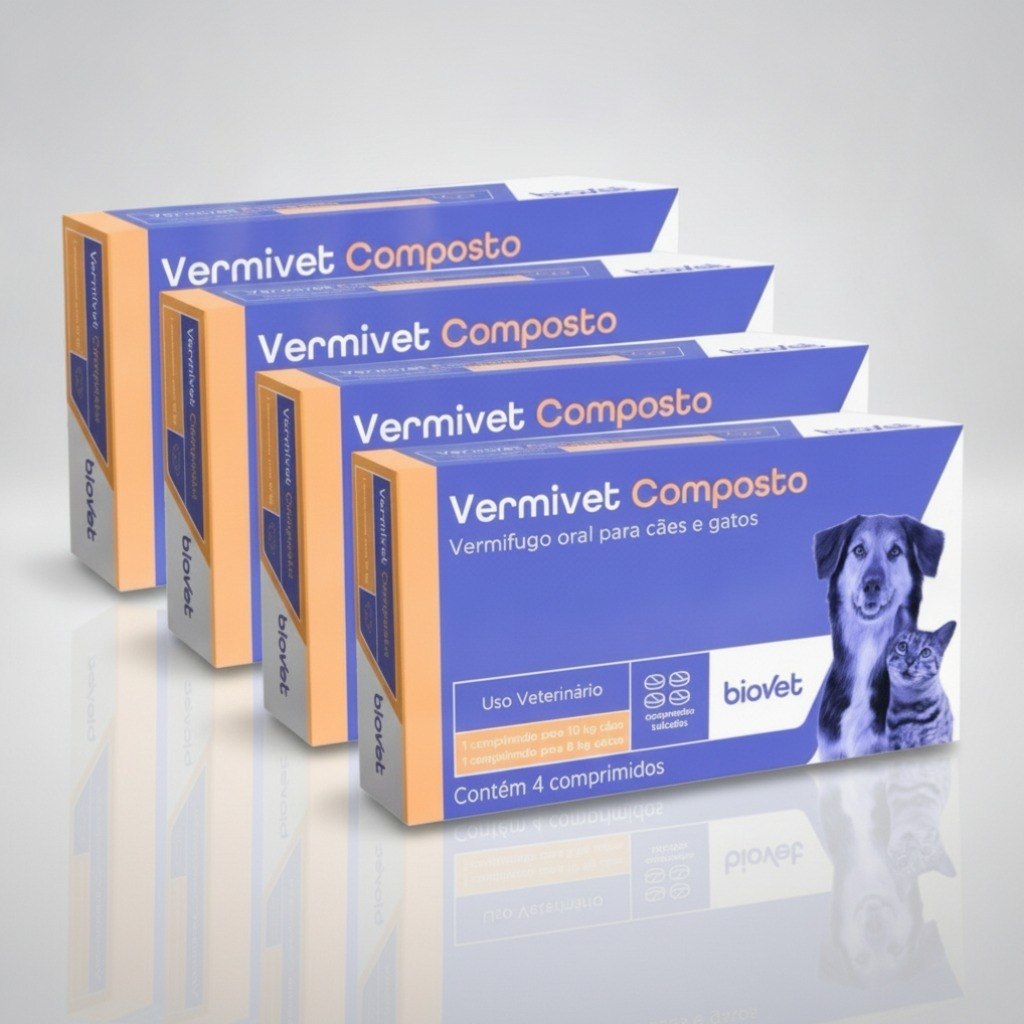 Vermífugo Vermivet 600mg | Guia Fácil para Cães e Gatos | 4 Caixas x 4 Comprimidos | Oferta Essencia