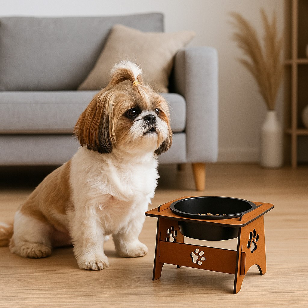 Comedouro Pet MDF Tigela Aluminio 400ml Suporte Elevado Cães e Gatos