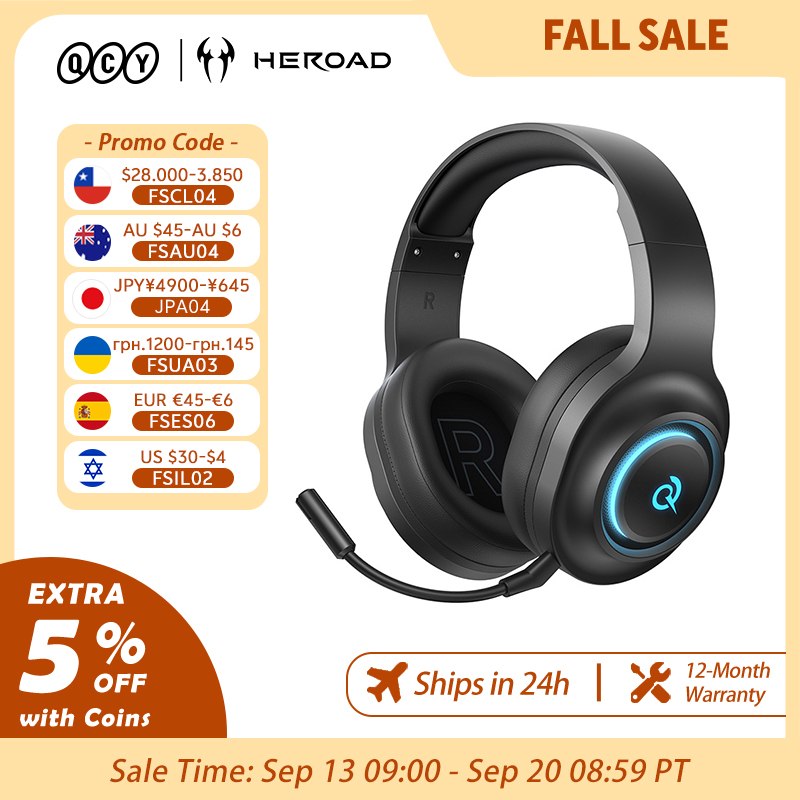 Fone QCY de ouvido gamer Heroad V200 com microfone, tri-modo, RGB, over-ear, som surround 7.1, drivers de 50mm para PC.