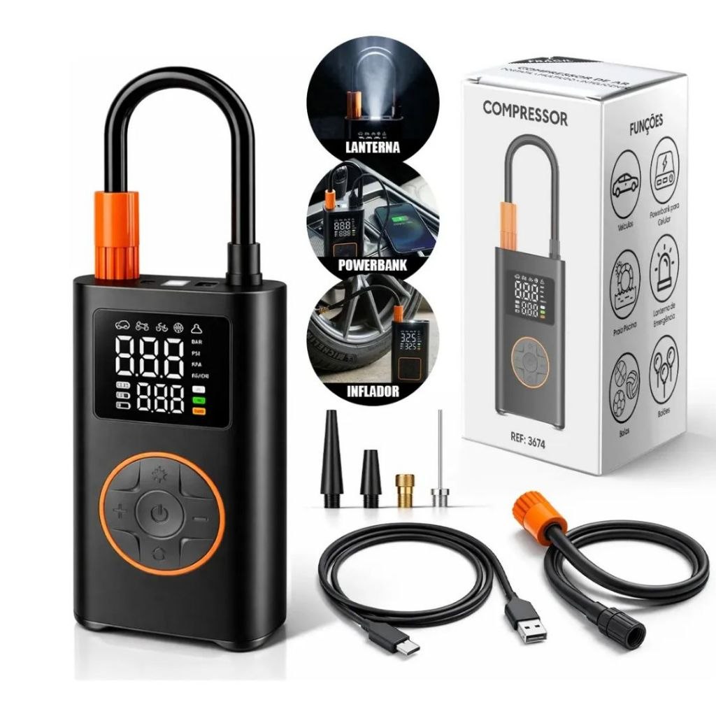 Mini Compressor De Ar Digital Portátil Recarregável Usb-c Calibrador Pneu Moto Carro Bike Bola + Função Powerbank 80W