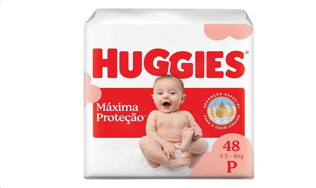 Fralda Descartável Huggies Máxima Proteção Tamanho P 48 unidades – com absorção especial para cocô líquido e indicador de troca.