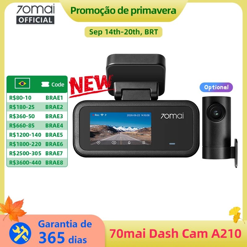 70mai A210 Dash Cam Full HD 1080P HDR, Visão Noturna, GPS Integrado, Wi-Fi 6, Supercapacitor, Dual Channel e Monitoramento 24H