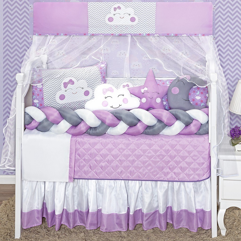 Kit Berço Nuvem Trança Lilas Novo Lua com Naninha 13 Peças Completo Baby GOLD BABY LINHA BABY REI DO KIT BERÇO AMERICANO