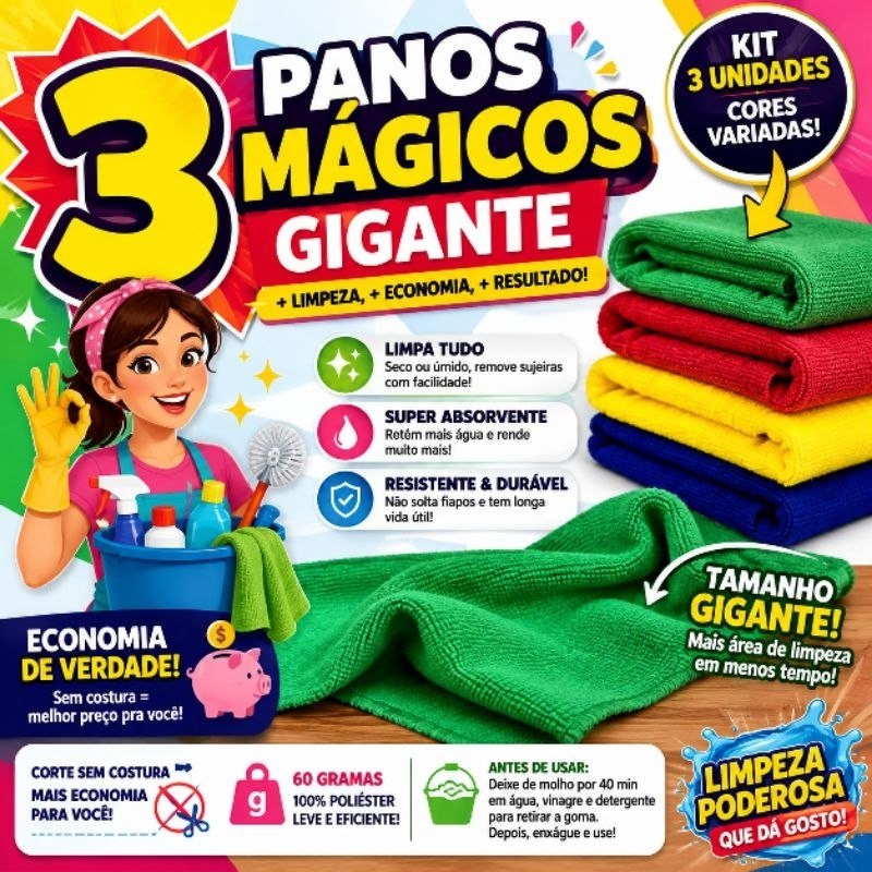 Kit 3 Pano de Chão Gigante Microfibra Multiuso, Pano Para Limpeza Grande Doméstico e Automotivo