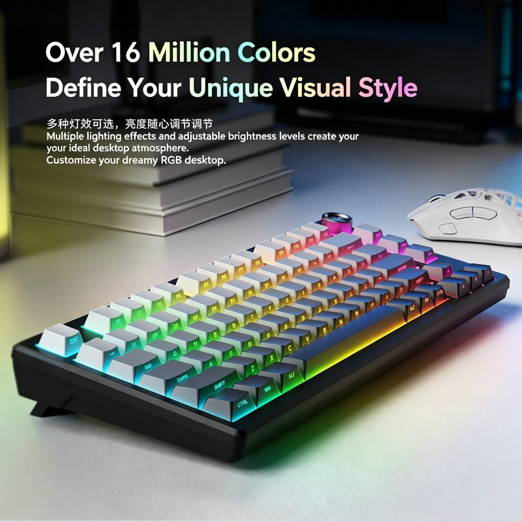 Teclado gamer com 75 teclas, retroiluminação RGB, mecanismo de toque agradável, conexão por cabo, design ergonómico e funcionamento silencioso, para PC, computador, portátil e tablet.