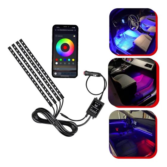 Kit Iluminação Interior Carro Led RGB 12v 4 Barras + App