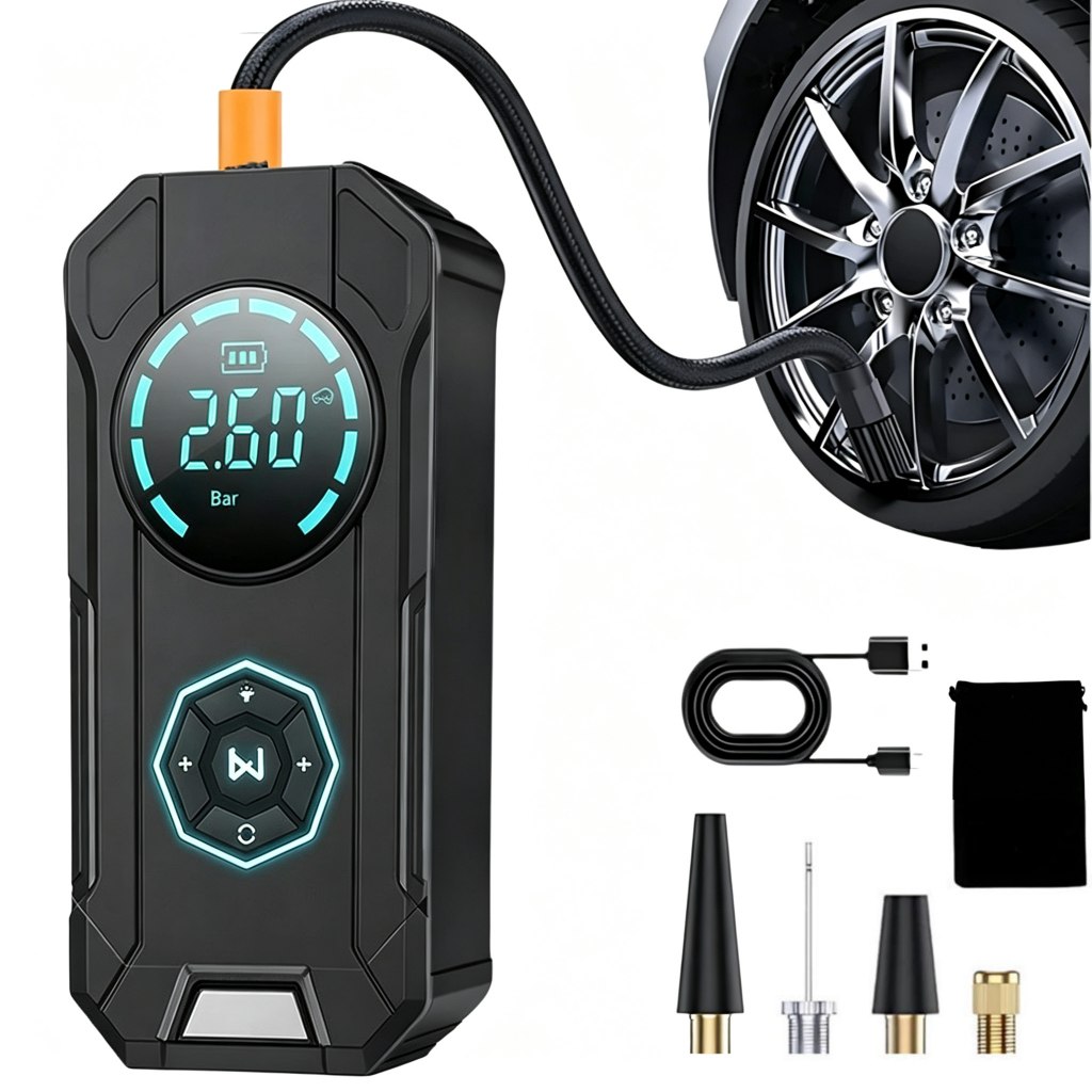 Compressor de Ar Portátil Digital Recarregável USB-C, Calibrador Profissional para Pneus Automotivos