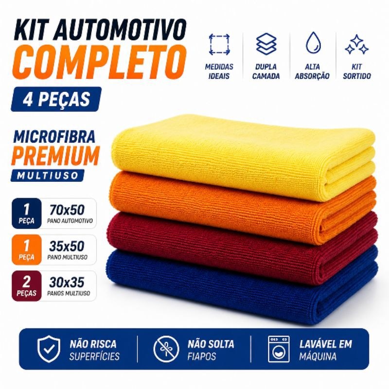 Kit Panos Microfibra Dupla camada 400GSM Automotivo Completo! 4 Panos de Microfibra 400GSM Premium  30x35 + 35x50 +70x50