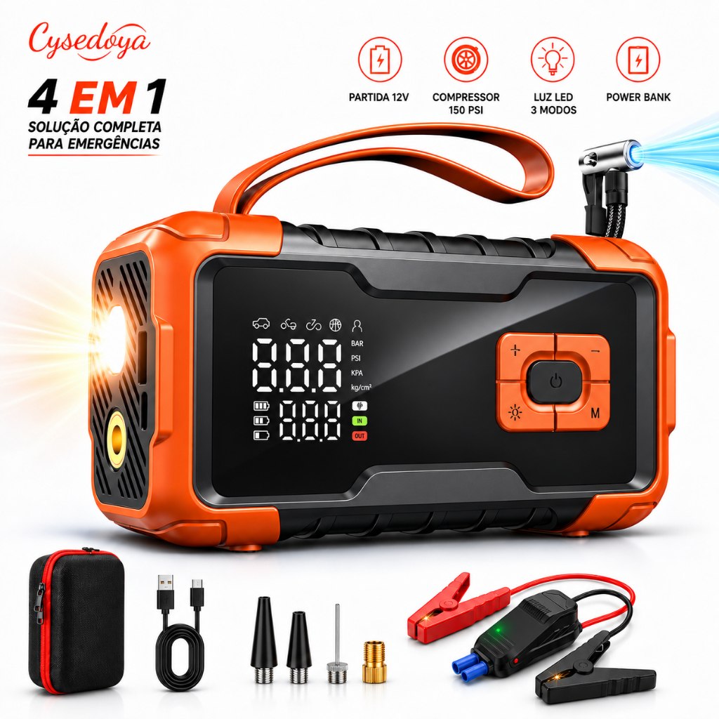 Auxiliar de Partida Veicular com Compressor de Ar Portátil 150 PSI, Carregador de Bateria, Calibrador de Pneu para Carro
