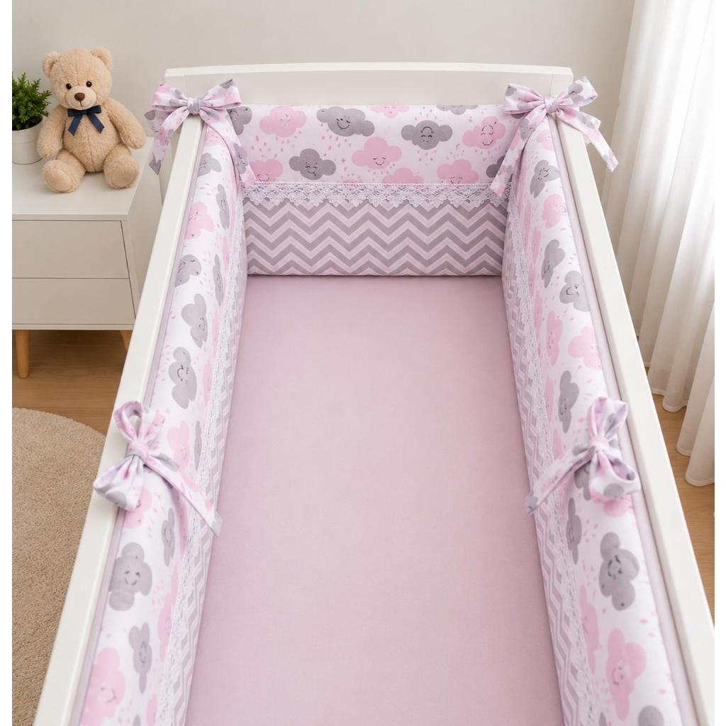 Kit Para Mini Berço  Nuvens Chuva de Bençãos - Rosa e Cinza  3 peças  Kit de Mini Berço  Bebê Menina