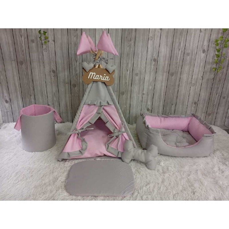 Kit Cabana Para Pets Tamanho G Com Cesto Organizador Cães Gatos Caminha Tenda Baby Grey Cinza Rosa