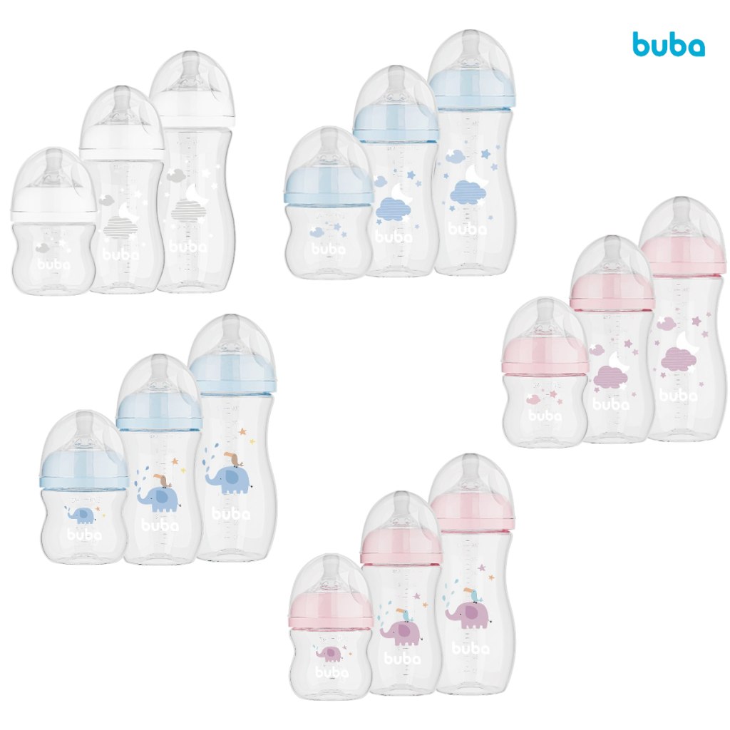 Kit Mamadeiras Anticólica Easy Flow Buba Récem Nascido 120/270/330mL Nuvem Bico Confortável e Sedoso