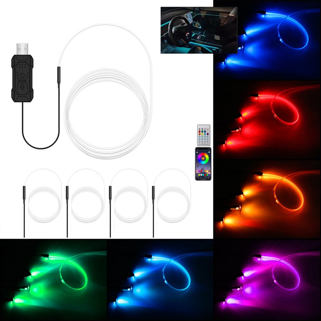 Fita Led para carro neon fibra ótica  Carro Painel Porta 6m com 5 Canhões Controle via app Celular e controle
