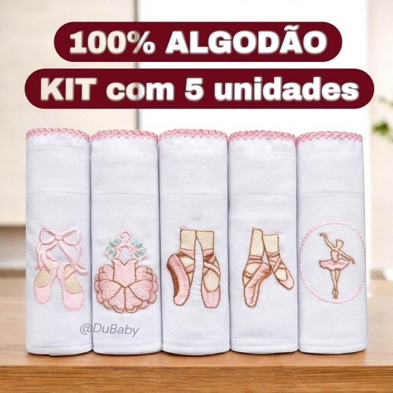 Kit 5 Fralda Pano Bebê Bordada 70x70 Algodão Duplo BAILARINA Recém nascido maternidade enxoval neném Berço presente RN