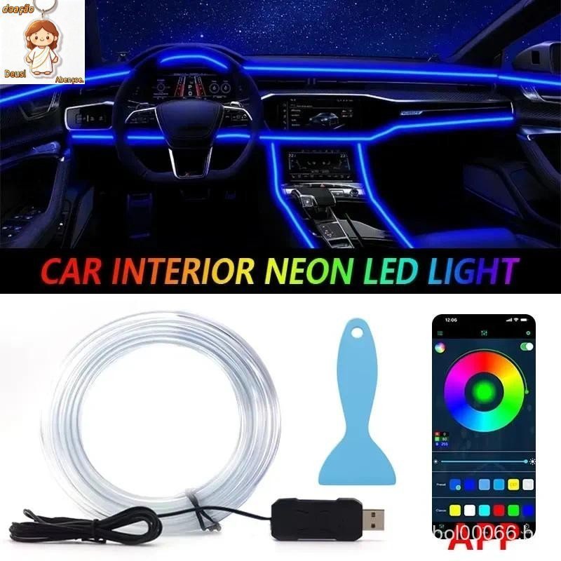 Fita de Luz LED RGB para Carro 1/3/5 Metros Controle por APP USB Fibra Óptica Luz Neon Ambiente Decoração Interior do Co