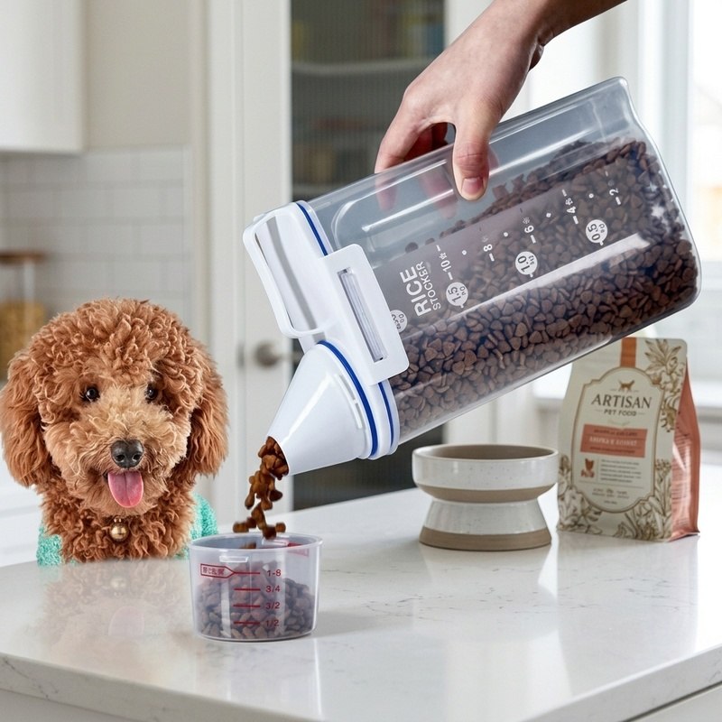 Recipiente de grande capacidade para armazenar ração de animais de estimação, caixa hermética para ração de cães e gatos, organizador durável e fácil de limpar, com um design elegante.