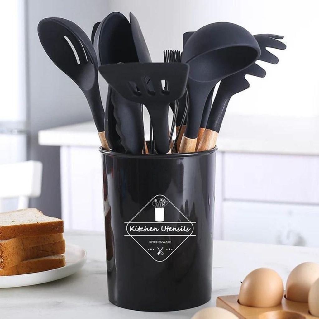 Jogo de Cozinha Kit C/12 Peças Utensílios de Cozinha em Silicone e Cabo de Madeira Antiaderentes