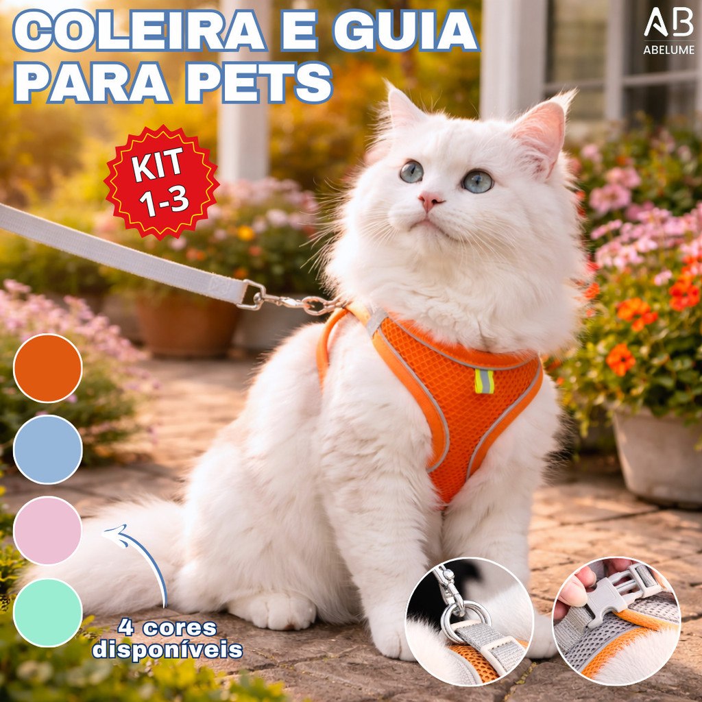 Coleira e Guia para Cães e Gatos Diversos Tamanhos Para Pequeno e Médio Porte