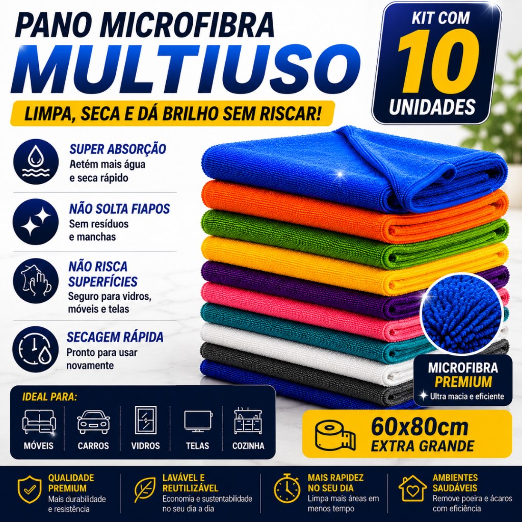 Pano Gigante Microfibra Multiuso 60 X 80 Cm Neves - Pano de Chão - Limpeza Geral - Automotivo 10 unidades